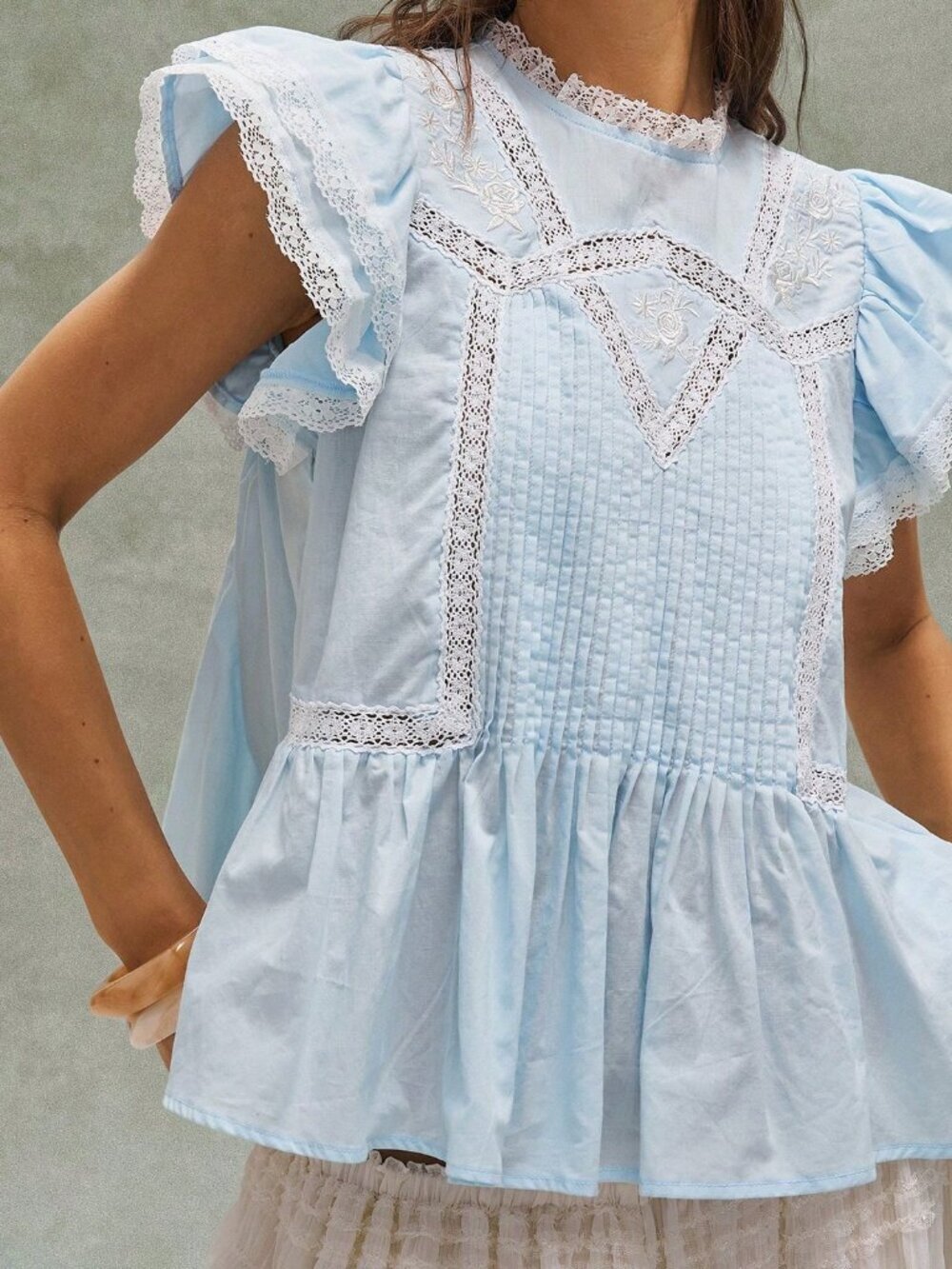 Blue Cottagecore Boho Women's Embroidered Ruffled Patchwork Blouse - Picture 6 of 8